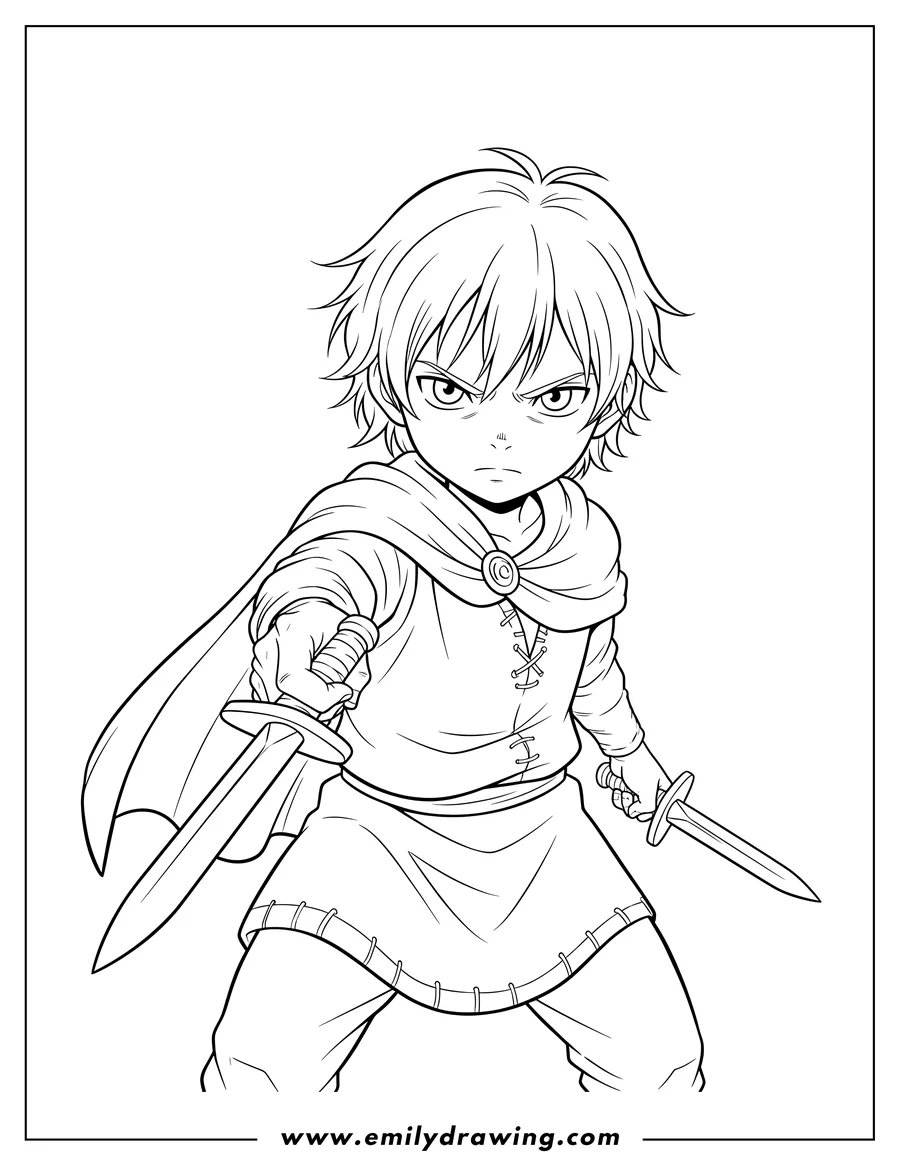 Clean line drawing: vinland Saga Thorfinn holding two daggers, one pointed forward, with a serious expression