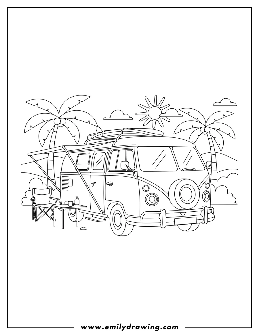 PDF style coloring page: vintage Campervan parked