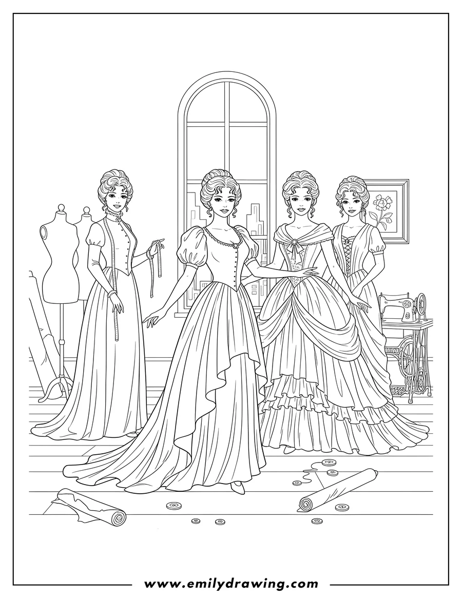 High quality printable vintage Dressmakers Studio With Four Women Standing and Modeling Elegant Gowns for coloring