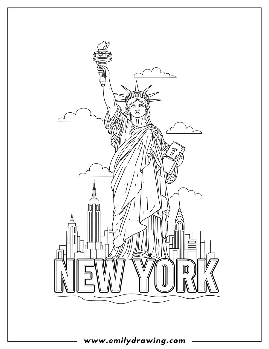 Coloring sheet featuring vintage Statue Liberty holding a torch and tablet, with New York sign