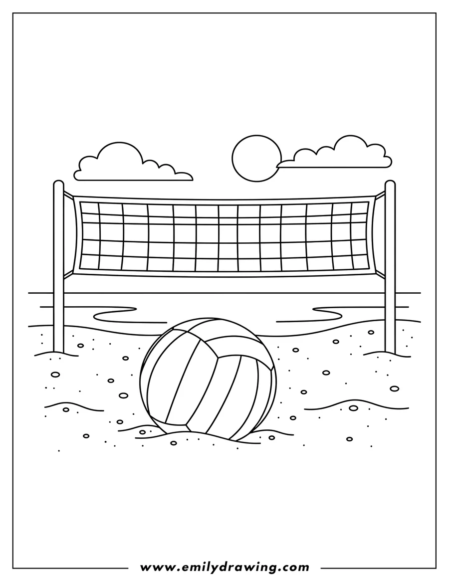 Outline drawing of volleyball resting on sand in the foreground, beneath a net