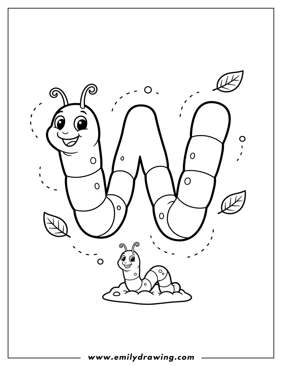 Coloring page for kids: W Is For Worm alphabet featuring a cute smiling segmented worm, for preschoolers