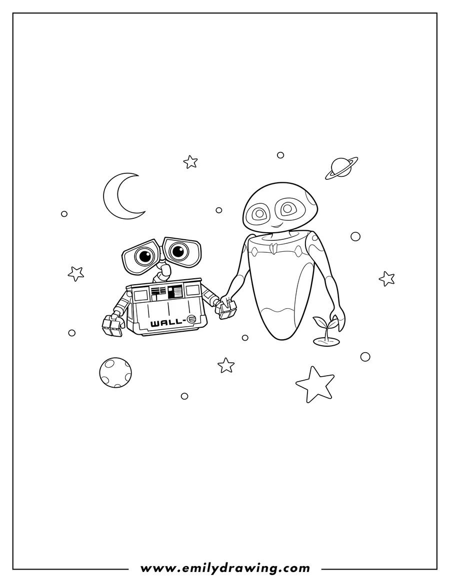 Downloadable coloring page of wall E and Eve holding hands in space