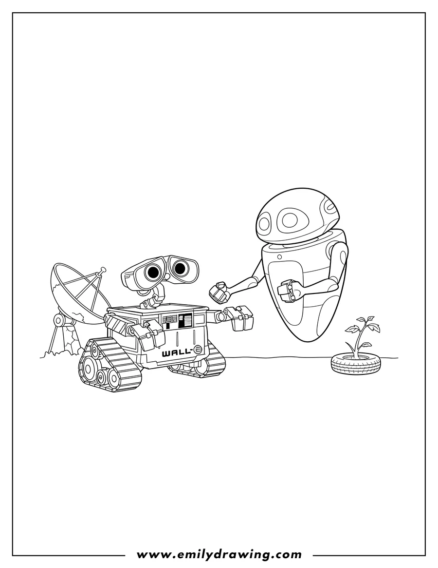 Printable coloring page of wall E And Eve Robot Scaled, with Wall-E reaching out to Eve