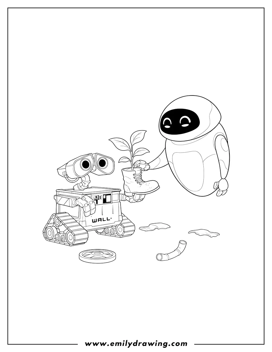 Printable line art of wall E kneeling and offering a plant in a boot to Eve