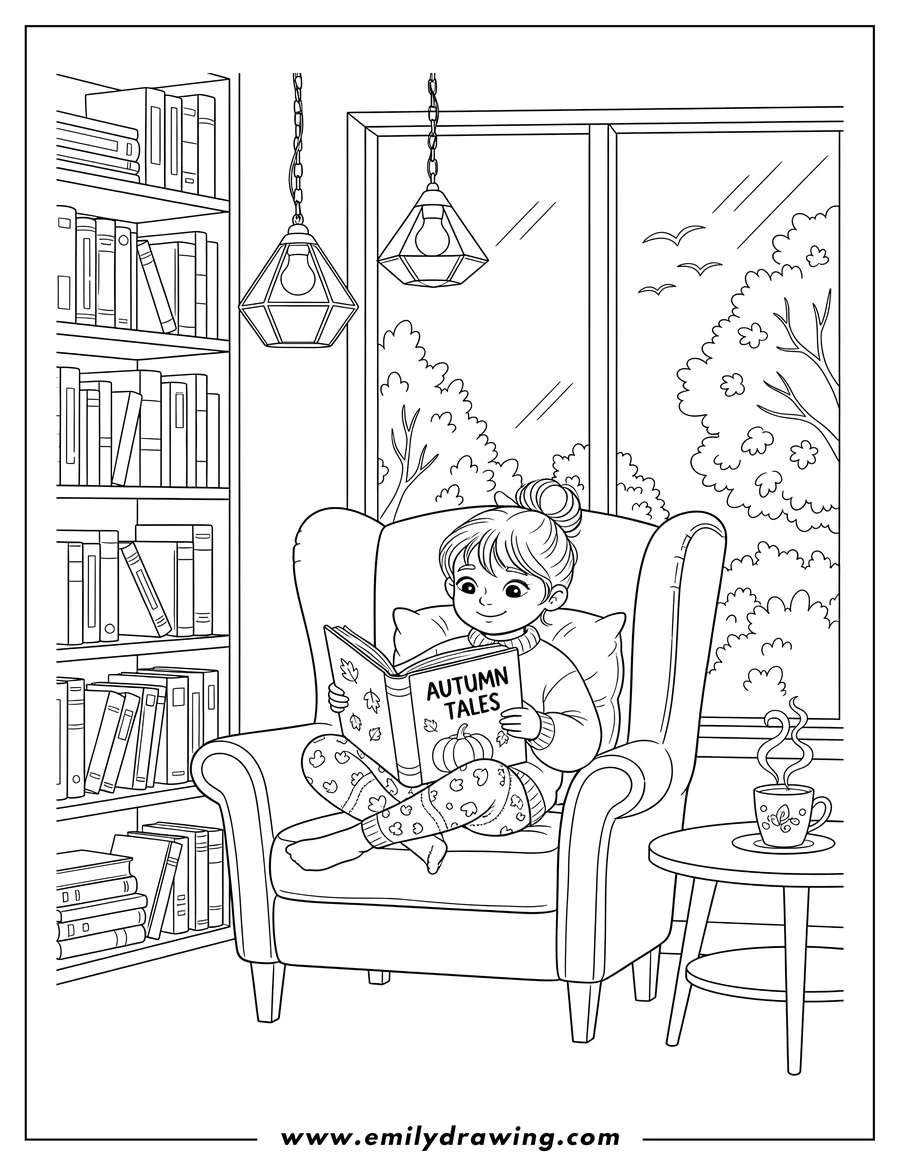 Black and white line art of warm Autumn Reading Nook With Bookshelf Armchair And Coffee, featuring a book titled 'Autumn Tales', hanging lamps, and a window view with trees