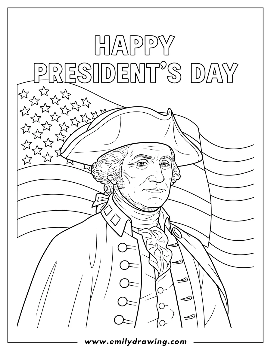 Free to print drawing of coloring page of George Washington portrait with Happy President's Day words and an American flag background