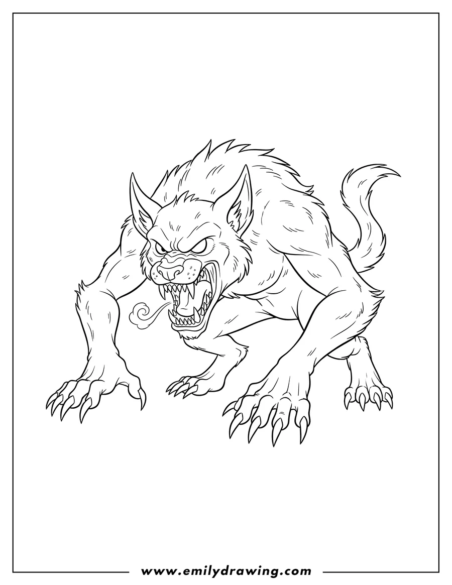 Full page coloring image of easy Werewolf Outline With Sharp Claws And Long Ears, crouching and snarling with an open mouth