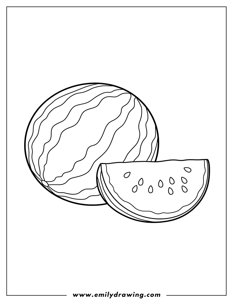 Coloring page for kids: A whole big juicy watermelon and a sliced piece showing seeds
