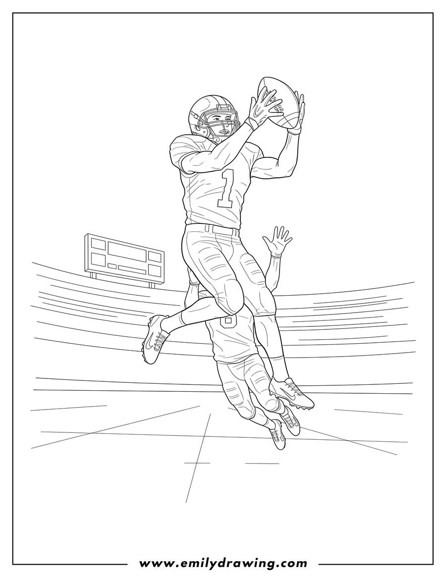 Outline drawing of wide Receiver Jumping to Catch Ball with a Defender