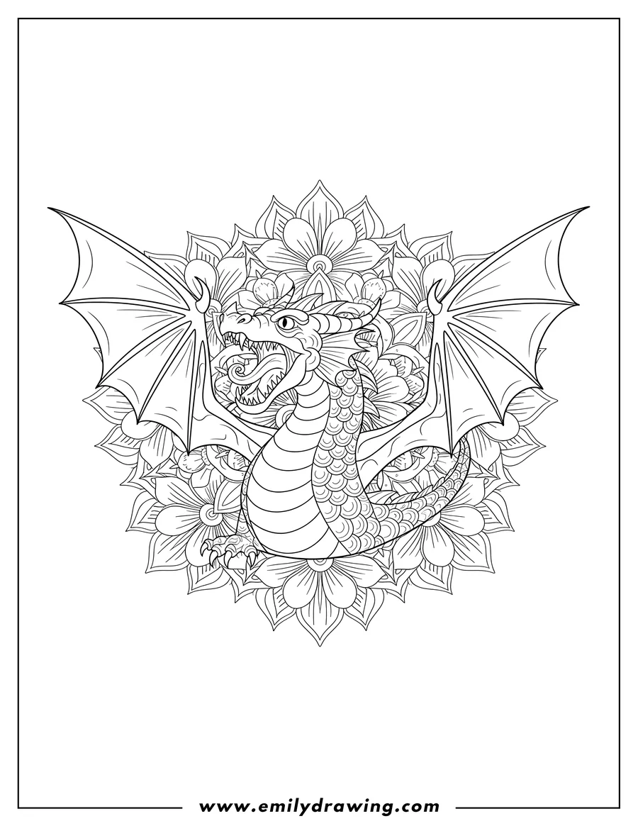 Coloring page for kids: winged dragon roaring, behind a detailed floral mandala