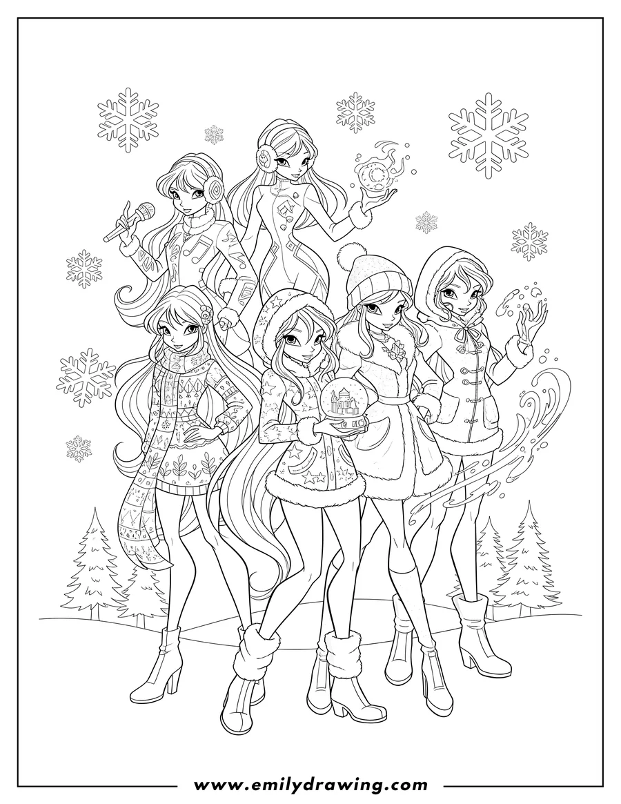 Doodle style coloring picture of winx Club Musa Flora Bloom Aisha Stella And Tecna in winter outfits