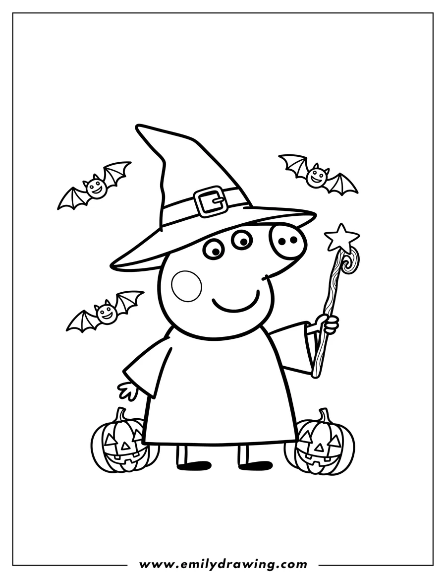 Outline drawing of peppa Pig dressed as a witch holding a wand, with flying bats and carved pumpkins