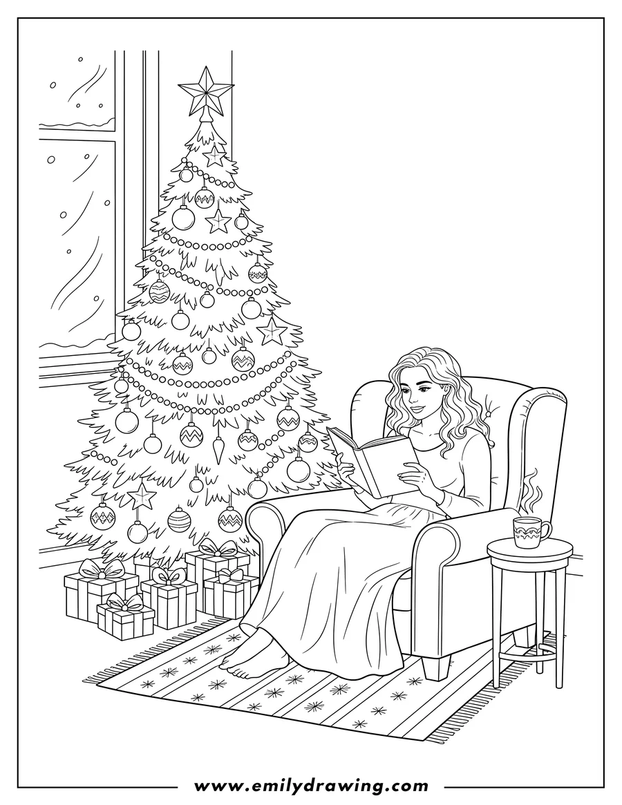 Coloring page of woman in an armchair reading a book by a Christmas tree on Christmas Day