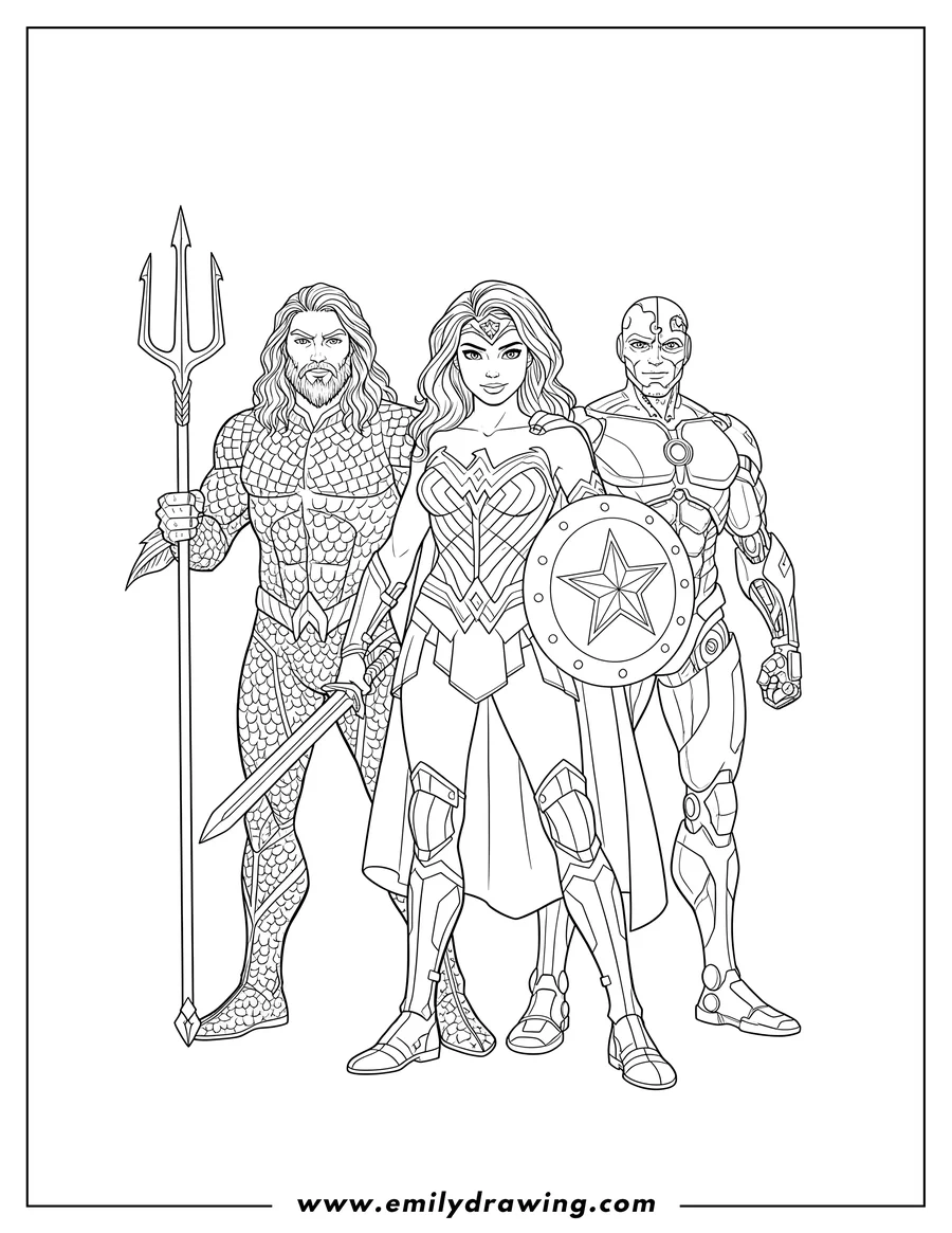 Printable line art of wonder Woman holding her sword and shield, with Aquaman holding his trident and Cyborg, standing together