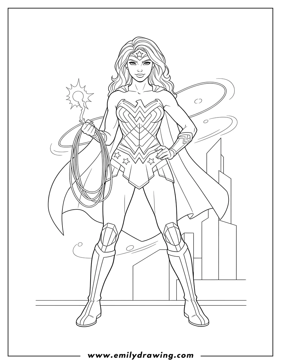 Outline drawing of wonder Woman With Lasso Truth, standing and holding the coiled lasso