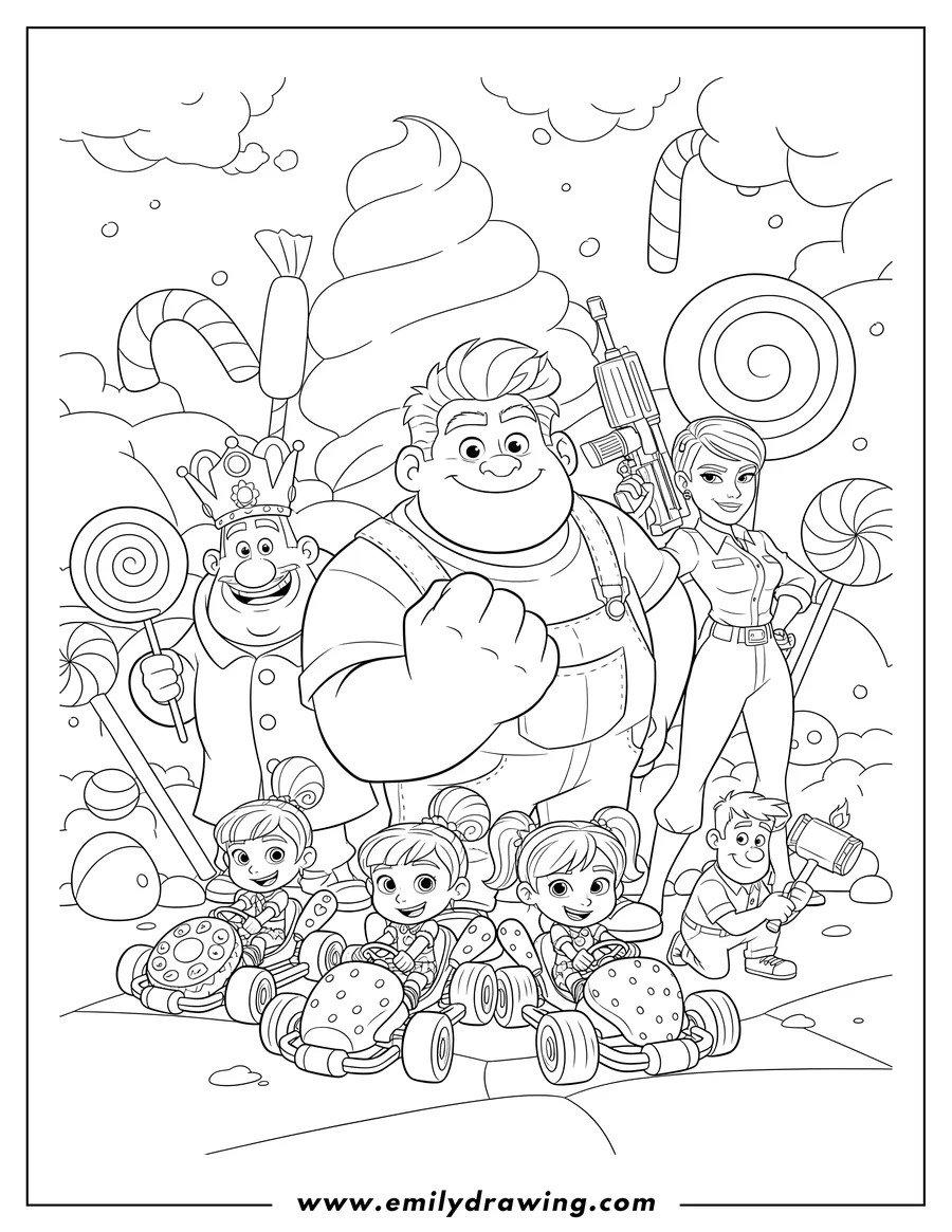 Doodle style coloring picture of wreck It Ralph With Sergeant Calhoun Fix It Felix King Candy holding a lollipop And Vanellope Taffyta And Candlehead racing in candy karts