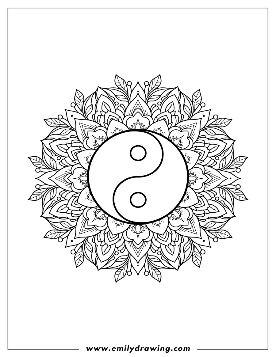 Printable line art of yin And Yang inside an intricate floral mandala