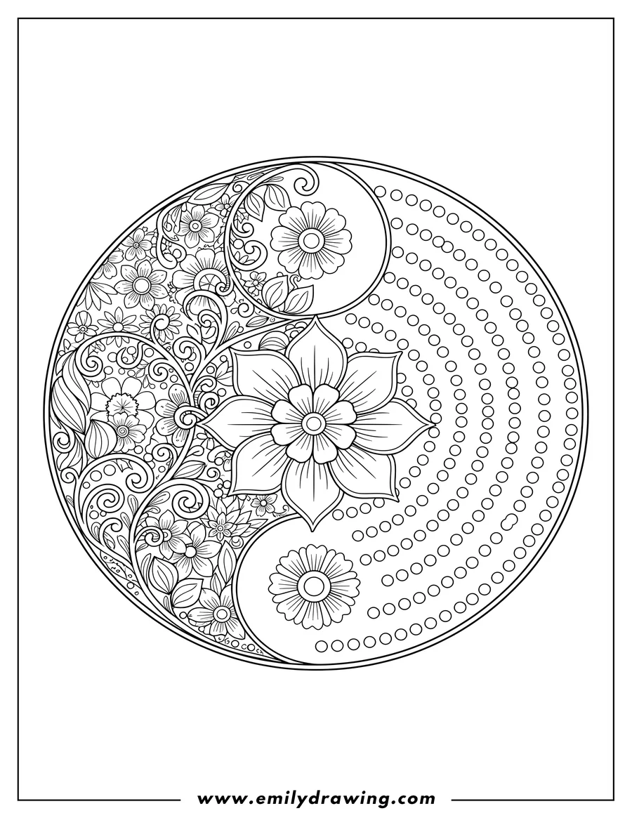 Coloring sheet featuring yin And Yang Mandala with one side covered in flower patterns and a big flower in its center, while the other side has a simple dotted circle