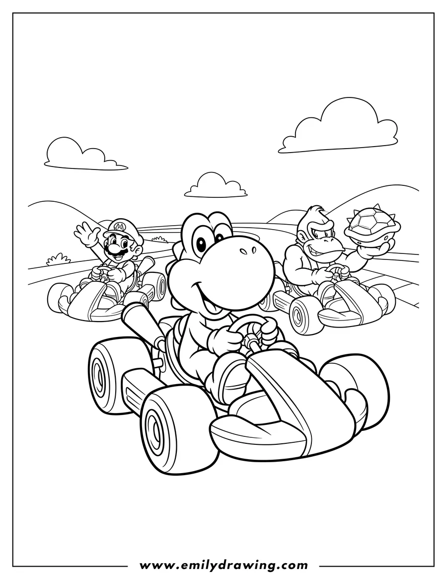 Vector style outline of yoshi, Mario, and Donkey Kong driving go-karts, with Donkey Kong holding a shell