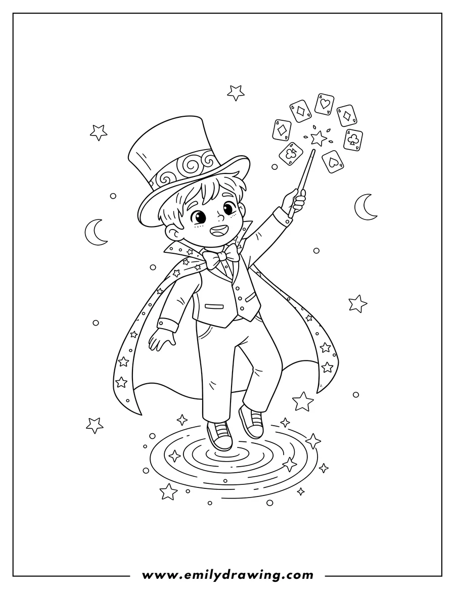 Free to print drawing of young boy magician in a top hat and cape, floating and making cards float with a wand