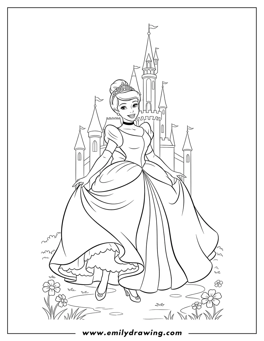 Outline drawing of young Cute Cinderella smiling and posing in her beautiful dress Outside Her Castle