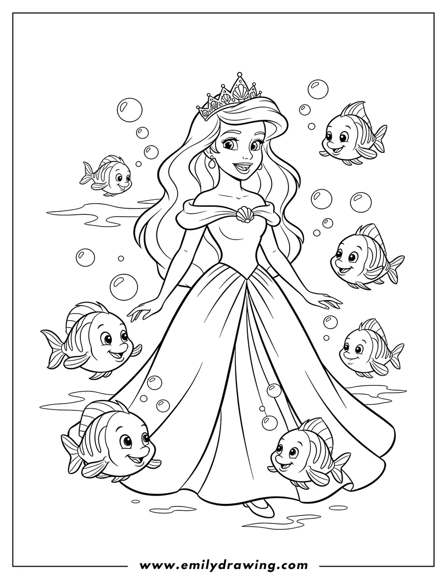 Linear illustration of young Human Ariel wearing a crown and dress, standing and smiling with friendly fish and bubbles