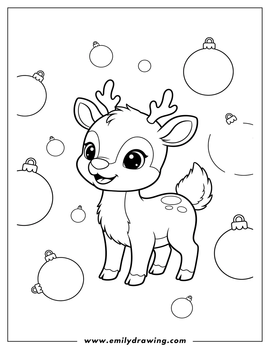 Free printable coloring sheet of young Reindeer With Fluffy Tail And Bauble Background, with small antlers, big eyes, and a cute smile