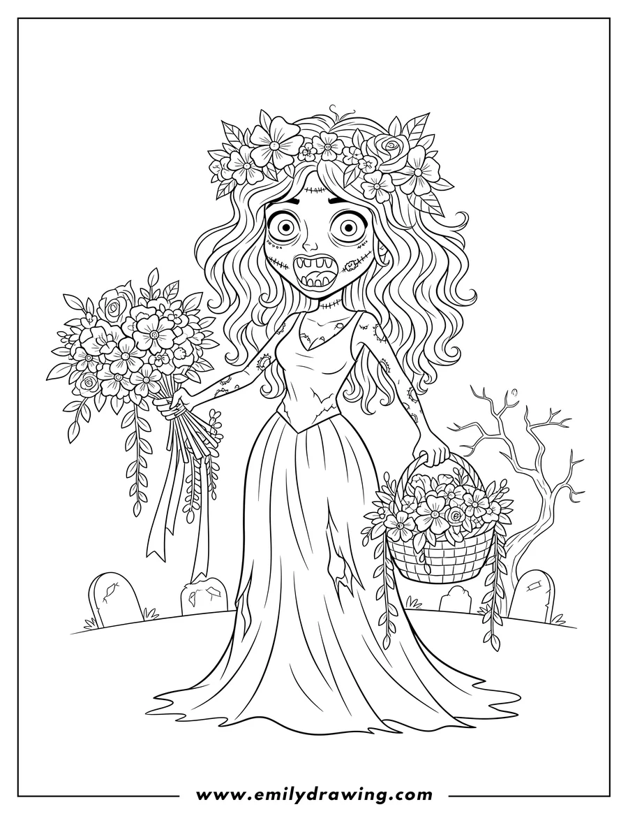 Full page coloring image of zombie Bride with a flower crown, holding flowers and a basket, with an open mouth showing teeth