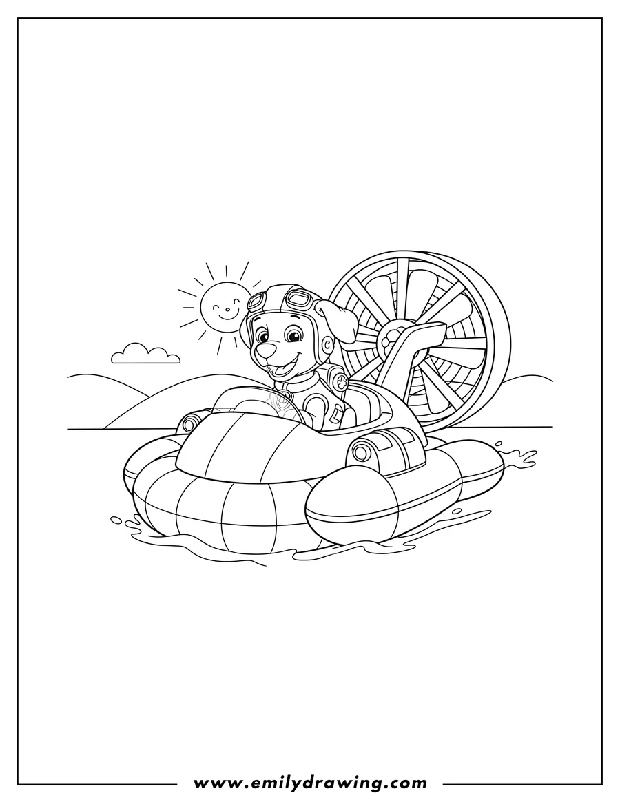 Coloring page for kids: zuma wearing a helmet in his hovercraft with a large fan
