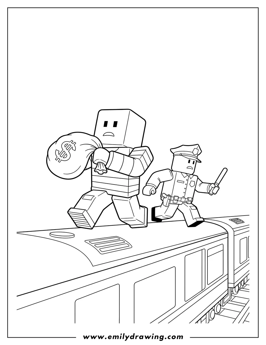 PDF style coloring page: roblox man with money bag running from police officer with baton on a train