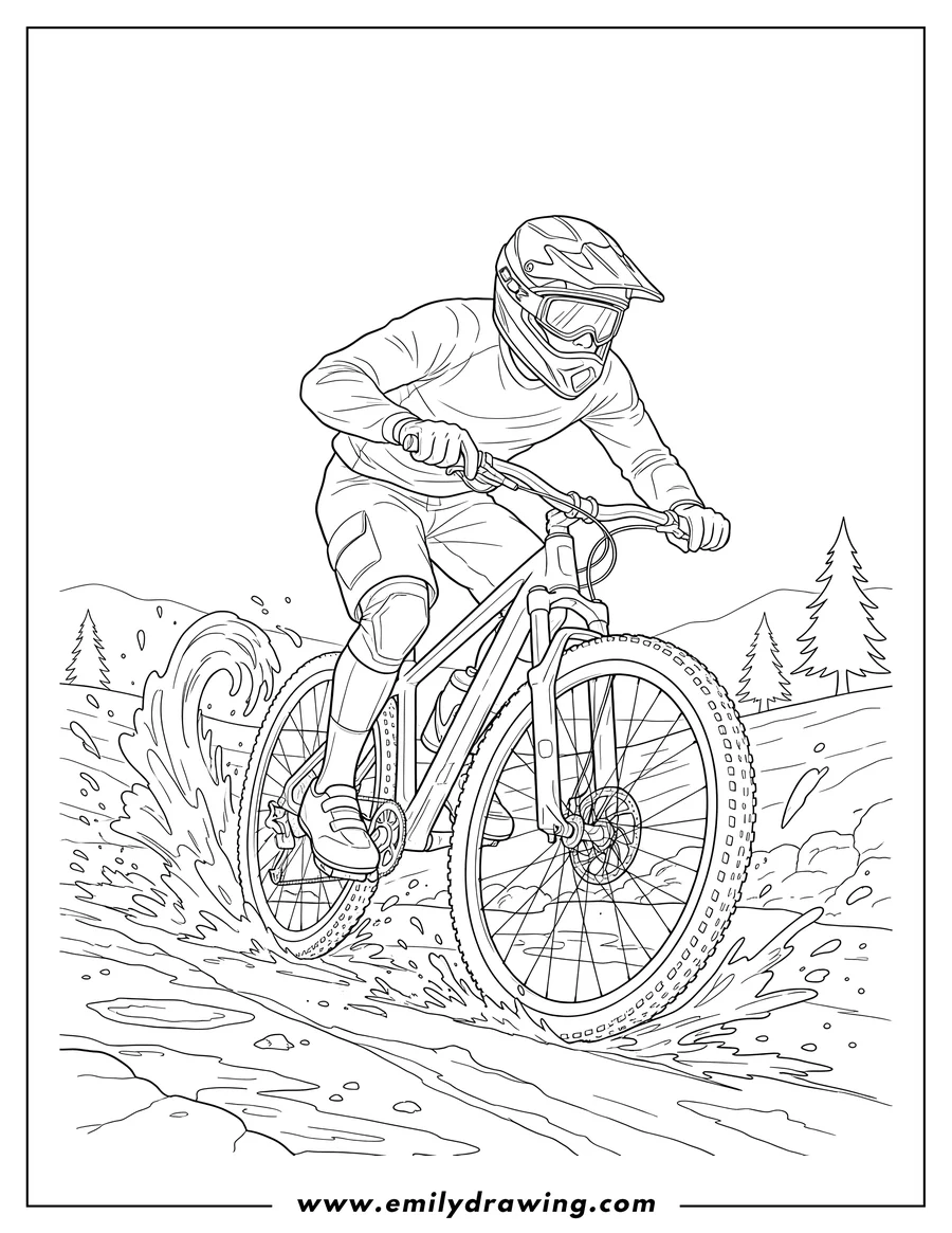 Free printable coloring sheet of professional Cyclist Riding Through Mud, wearing a helmet and goggles, with wheels kicking up dirt
