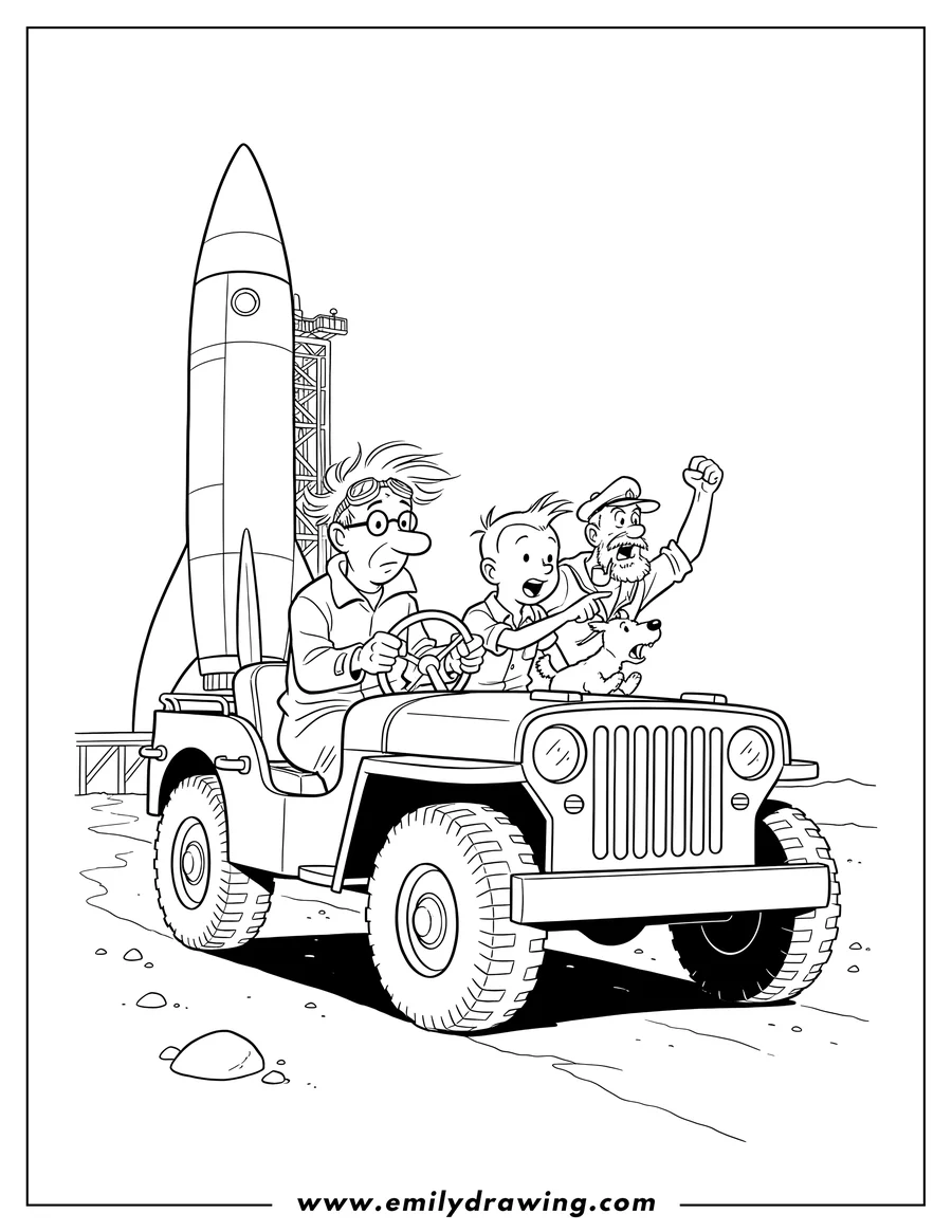 Full page coloring image of professor Calculus Driving Tintin, Snowy, and Captain Haddock in a jeep To Rocket Ship