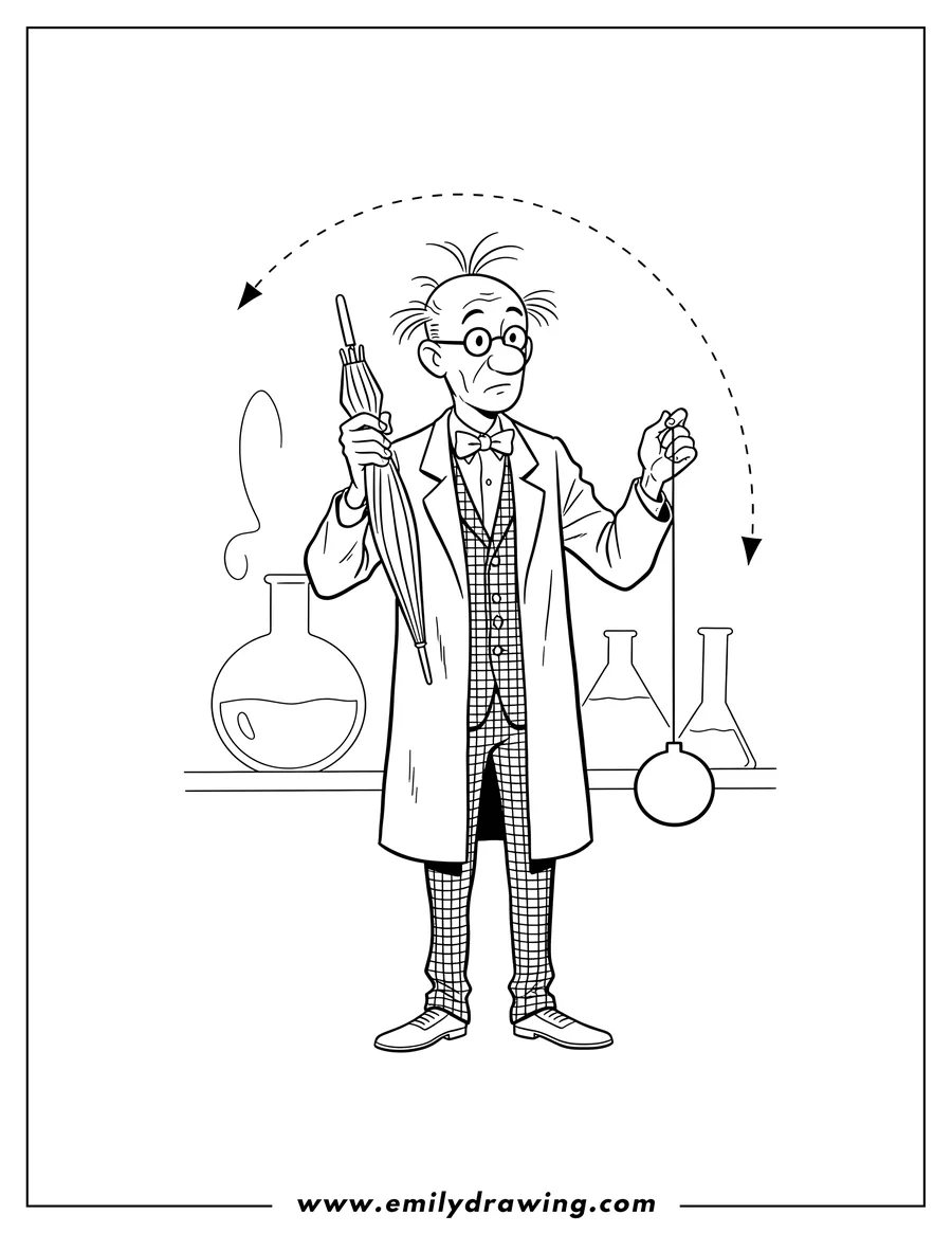 Black and white line art of professor Calculus holding a closed umbrella and a swinging pendulum