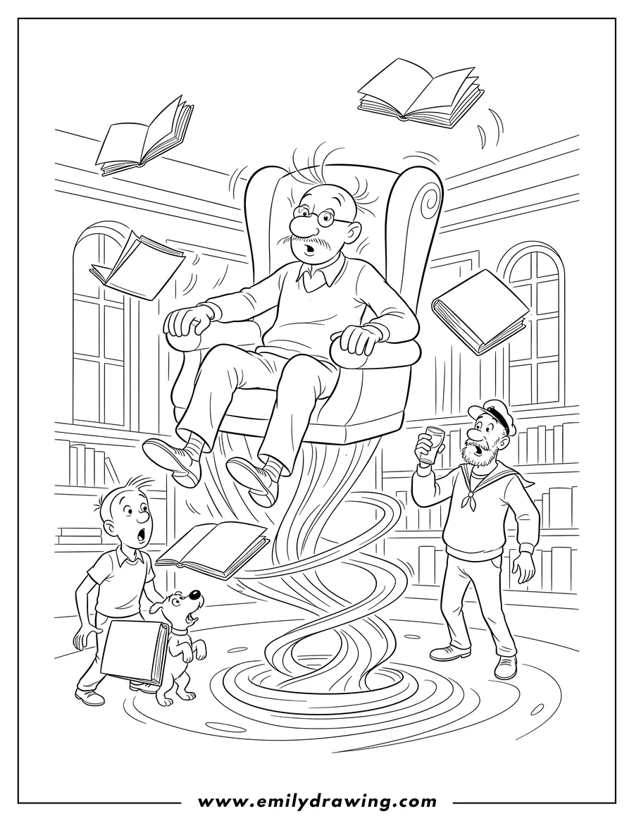 Printable coloring page of professor Calculus levitating in his chair with swirling energy, surprising Tintin, Snowy, and friends as books fly