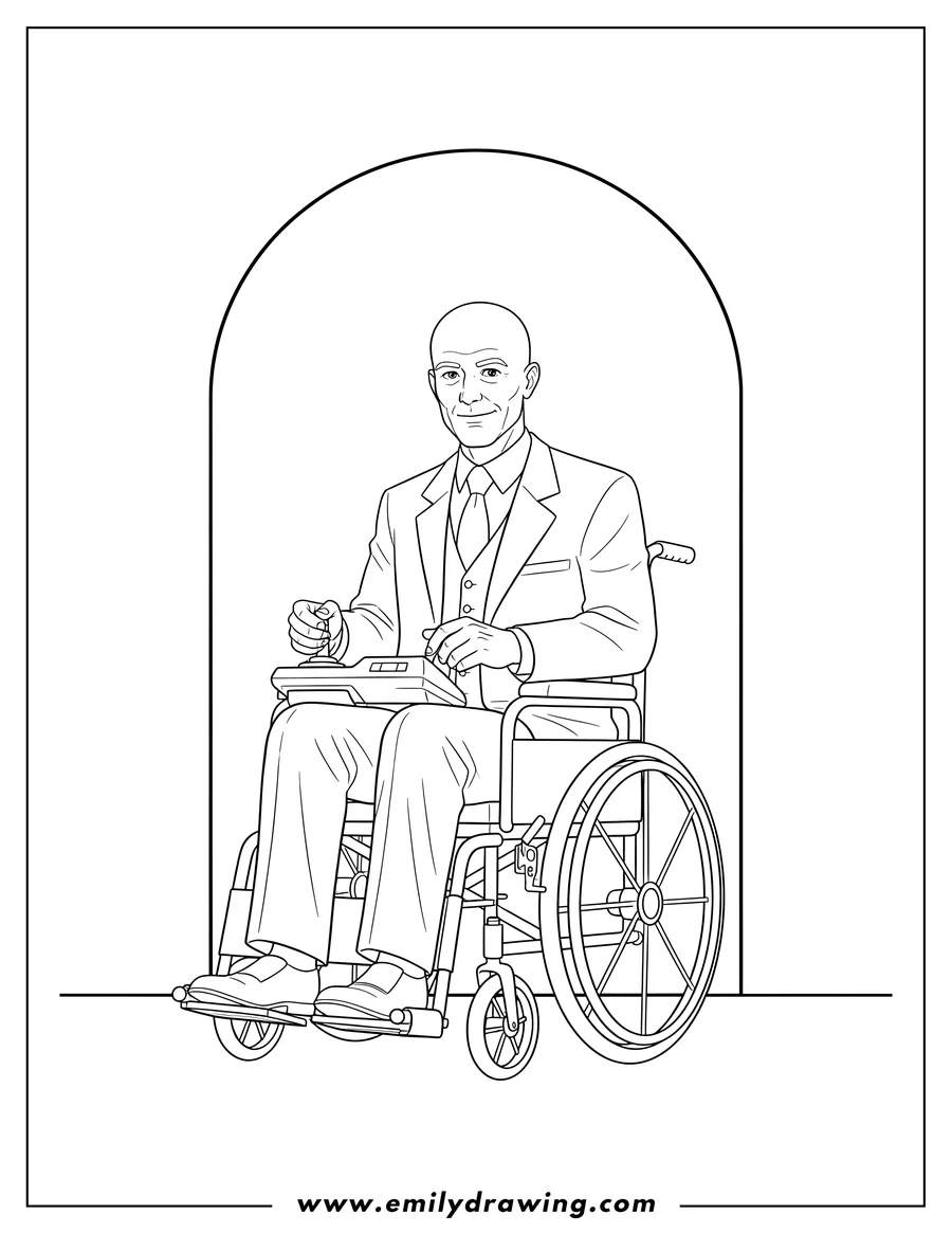 PDF style coloring page: professor Charles Xavier in his wheelchair, wearing a suit and operating the joystick