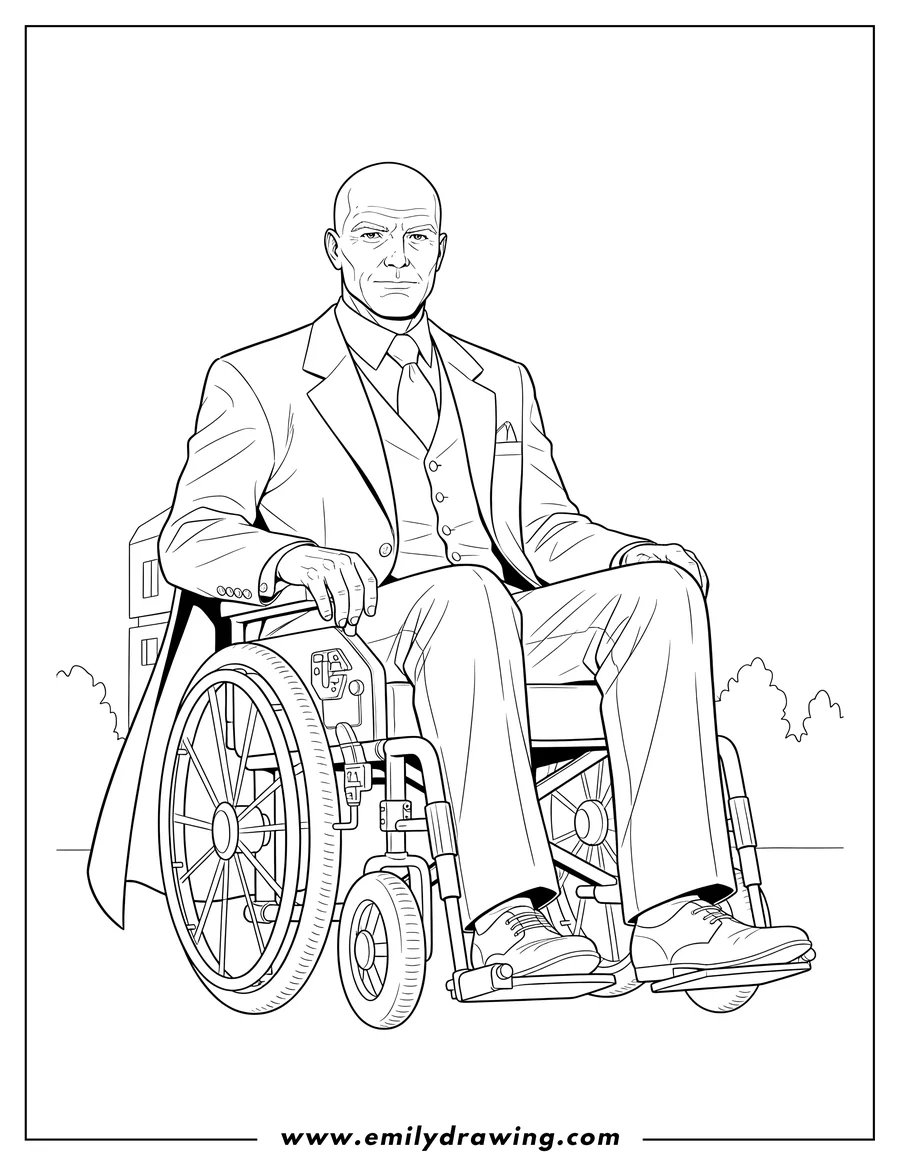 Coloring sheet featuring charles Xavier Professor X in his iconic wheelchair, wearing a suit