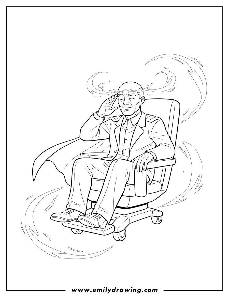 Clean line drawing: professor X Using Telepathic Powers, hand to temple, reaching out