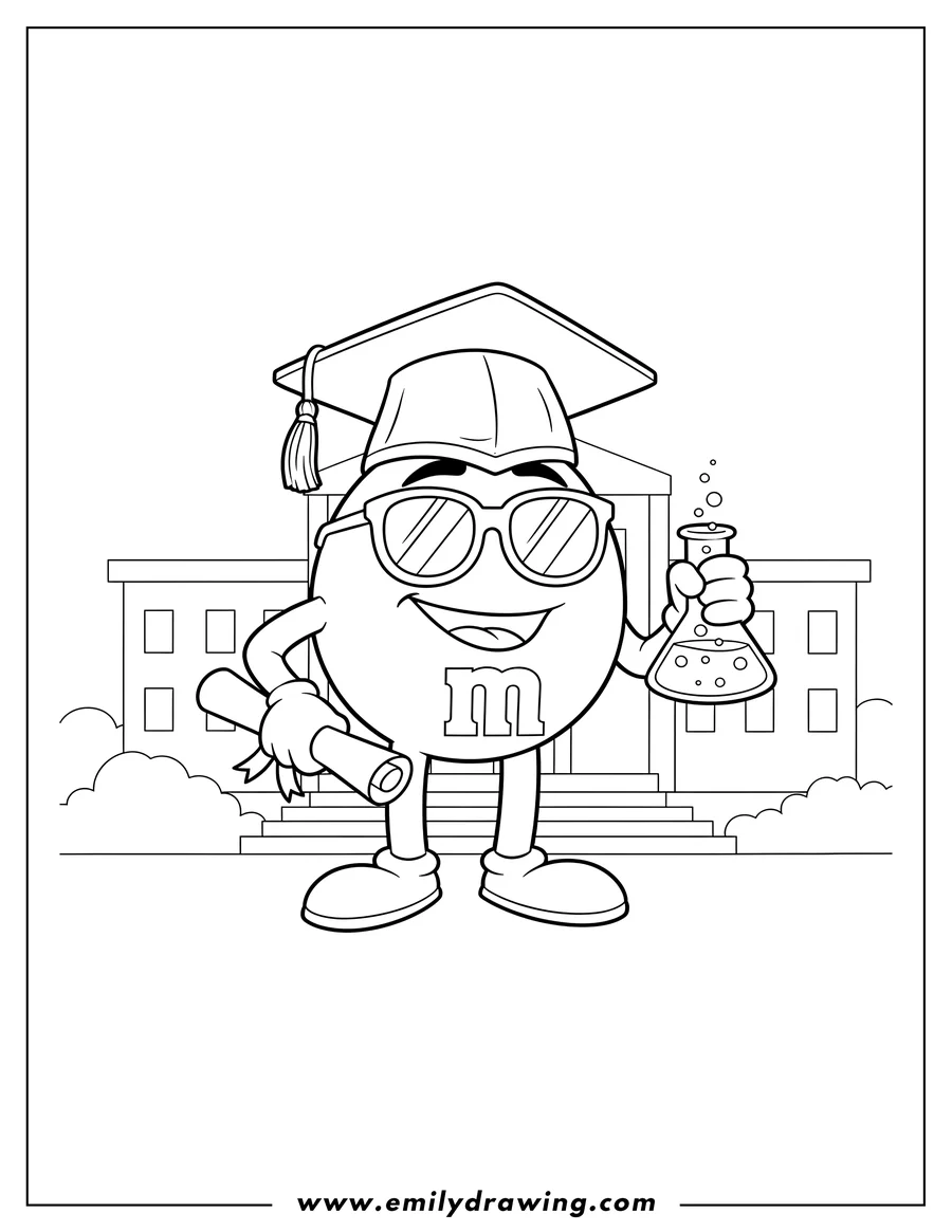 Doodle style coloring picture of professor Yellow Mm with Graduation Cap and Diploma, wearing sunglasses and holding a beaker