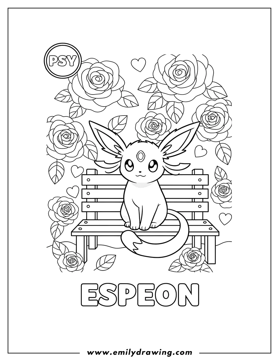 Vector style outline of psy Bold Espeon Pokemon Card, Espeon sitting on a bench in a rose garden