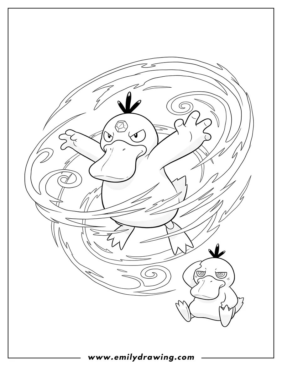 Coloring page for kids: psyduck And Golduck, Golduck attacking with swirling wind, and Psyduck sitting