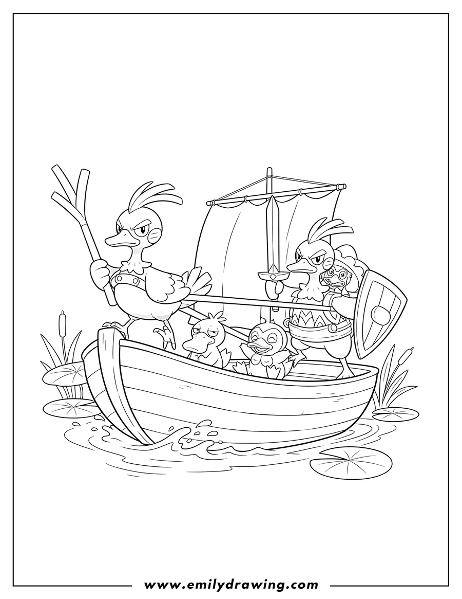 PDF style coloring page: farfetch'd and Sirfetch'd pulling a boat with Psyduck, Quaxly, and Ludicolo