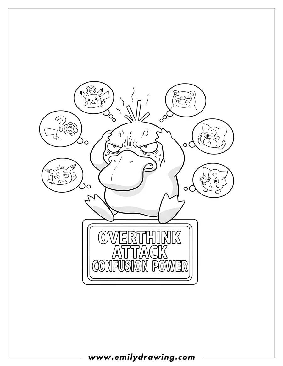 Black and white line art of psyduck Overthink Pokemon Card, holding its head