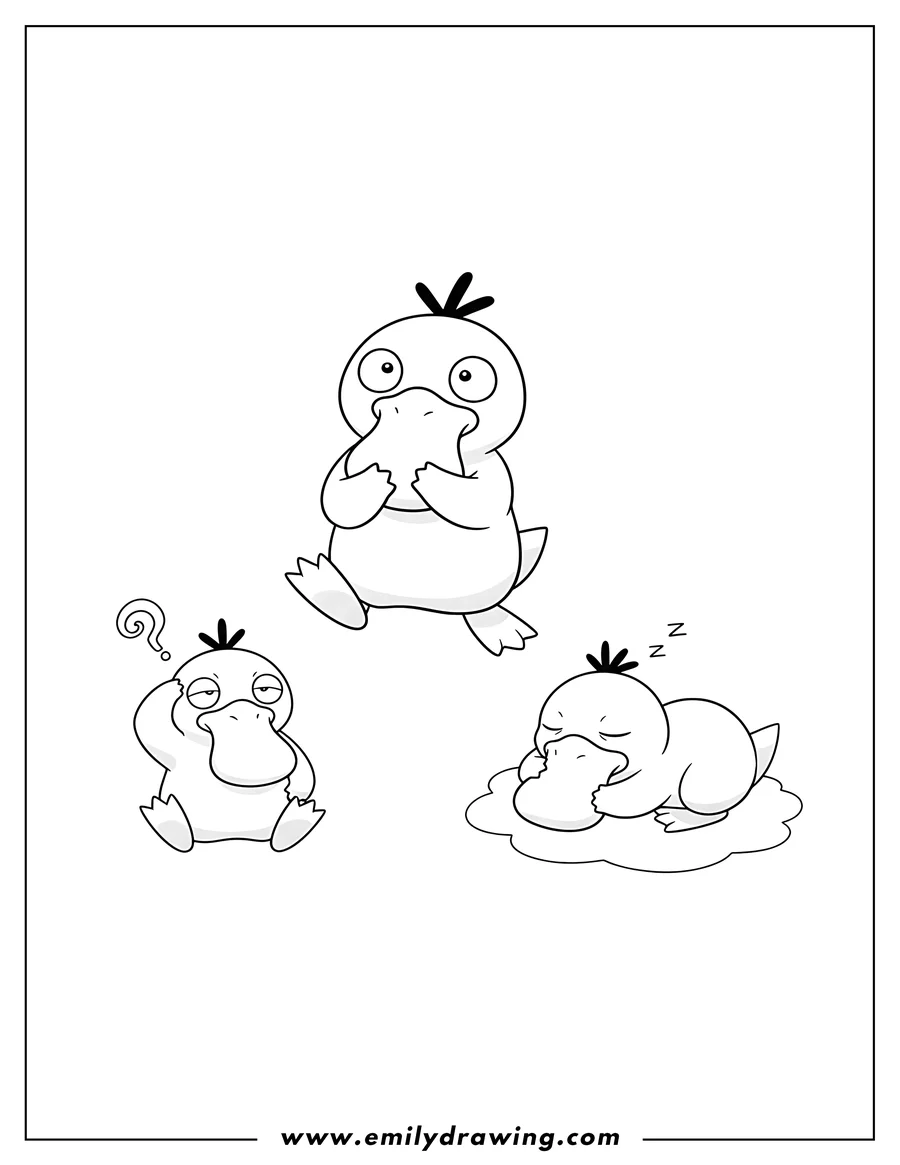 Coloring sheet featuring psyduck S Different Moods, including happy, confused, and sleeping poses