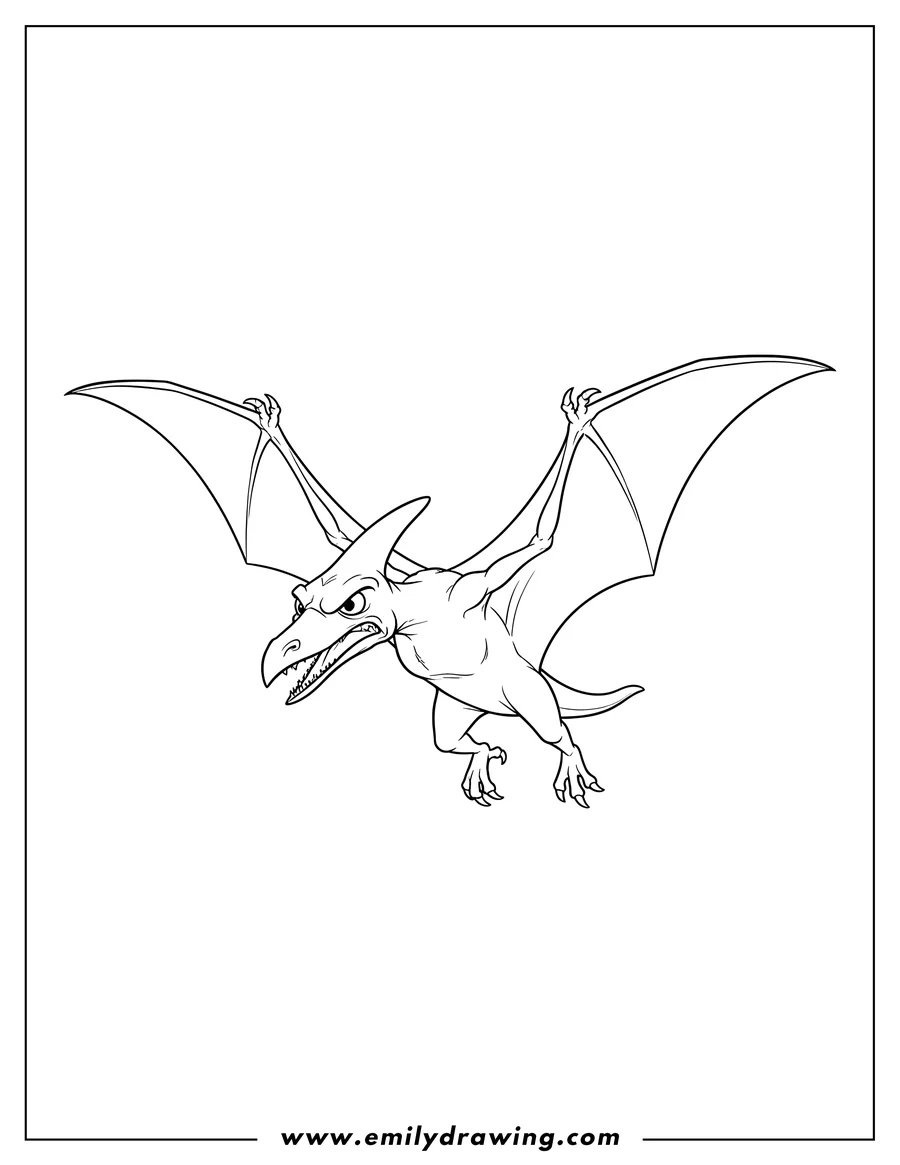 PDF style coloring page: pterodactyl with an angry expression and outstretched wings, about to attack from the sky