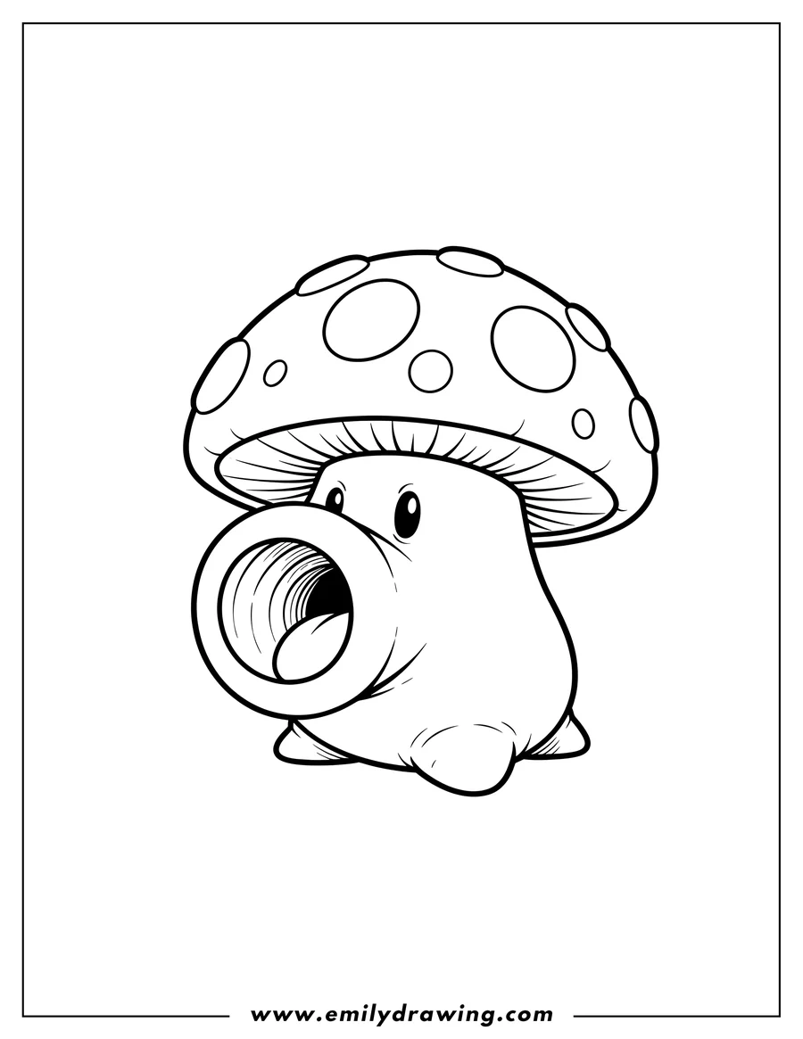 Printable line art of puff Shroom To Color, with a spotted cap and a shooter mouth