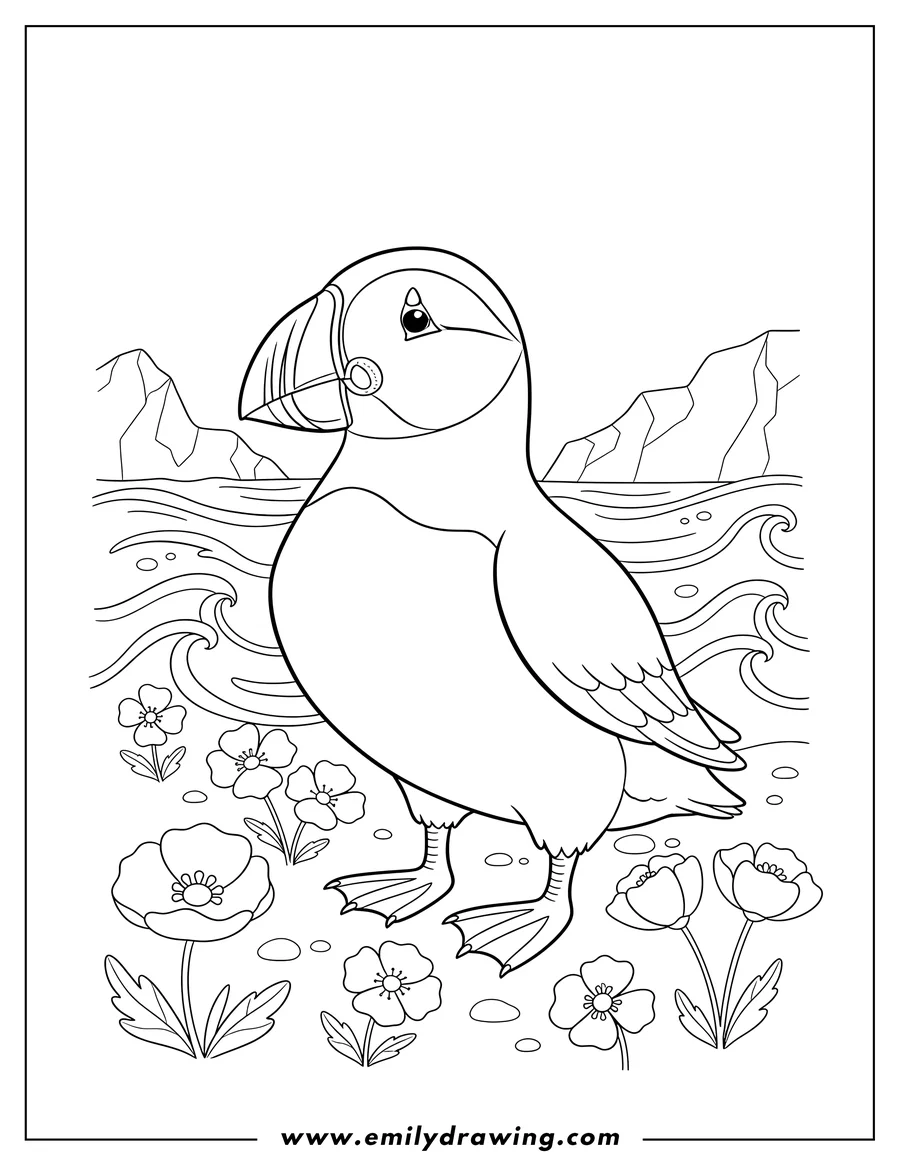 Black and white line art of A puffin standing in a flower field, with sea waves in the background. Arctic Animals