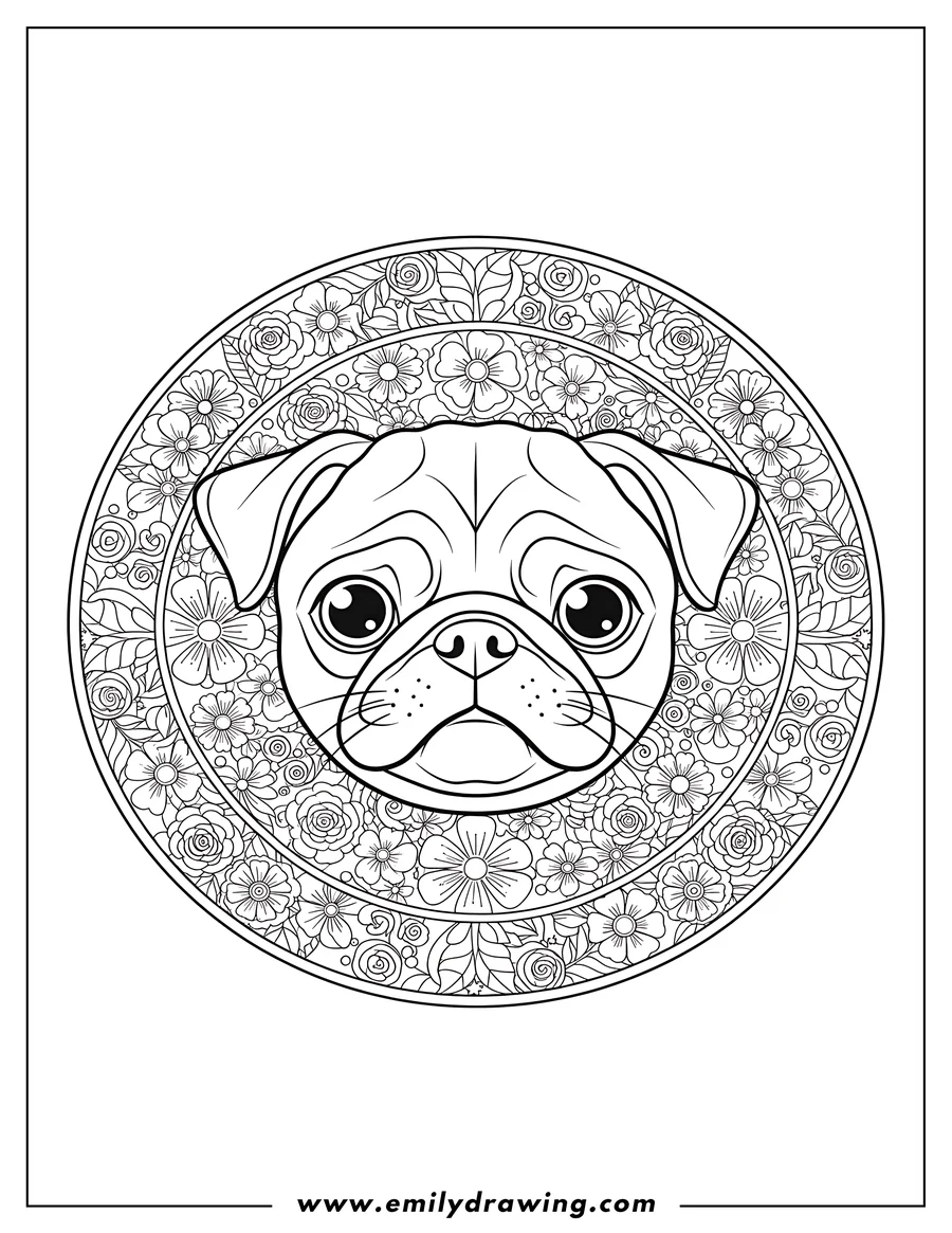 Outline of a pug's face centered within a detailed floral mandala design, featuring many flowers and leaves.