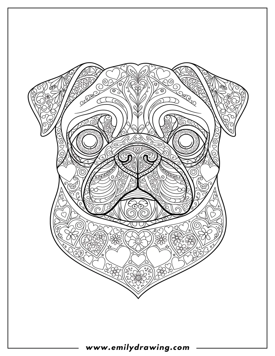Detailed line art of a pug's face, filled with intricate patterns of swirls, flowers, and hearts.