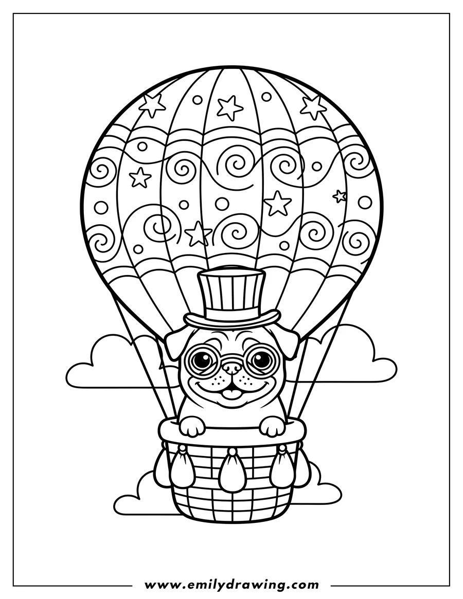 Line art of a pug dog wearing a top hat and goggles, riding in a hot air balloon decorated with stars and swirls, with clouds in the background.